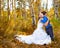 Bride and groom in outdoors during fall