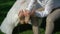 Bride and groom in park. Man cleaning girl`s foot from grass after walk barefoot in wedding day