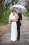 Bride and groom on a rainy wedding day walking