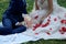 The bride and groom are sitting on a green meadow, strewn with red rose petals.