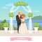 Bride and groom standing under floral arch. Wedding day. Couple in love. Woman in white dress, man in classic suit. Sea