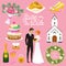 Bride And Groom. Wedding ceremony Set. Newlyweds icons. vector illustration. Married couple, summer. Vintage rustic cake