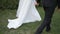 Bride and groom in wedding clothes walking on grass and holding hands