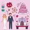 Bride and groom wedding couple marriage nuptial icons design ceremony celebration and holliday people folk icons beauty