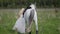 bride and horse at nature, romantic shot of young woman in wedding dress and graceful white equine