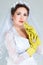 Bride with household gloves