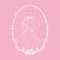 The bride in a long dress and veil with the groom. Vector isolated illustration in oval frame