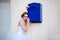 Bride and mailbox, letter expectation and text chat love concept