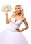 Bride with money. beautiful blonde young woman holding dollars bills isolated on white
