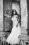 Bride in the old ruins, black and white