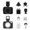 Bride, photographing, gift, wedding car. Wedding set collection icons in black,monochrome style vector symbol stock