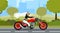 Bride riding motorbike flat character. Wedding day, marriage preparation, bridal procession, motorway photoshoot. Happy