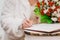 Bride`s hand puts signature pen on consent marriage at wedding close-up