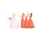 Bride throwing her bouquet to bridesmaids at wedding ceremony vector Illustration on a white background