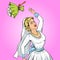 Bride throws wedding bouquet pop art vector