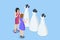 Bride wearing her wedding gown with female dress designer. Isometric woman on her wedding day and choosing a wedding