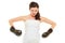 Bride wearing wedding dress and boxing gloves