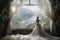 A bride in a wedding dress with a train stands near a huge window and a view of the mountains