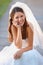 Bride, wedding and woman portrait with happy laugh for romance, commitment and love event outdoor. Confidence, female