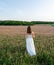 Bride in a white dress in a field of Pink flowers Sainfoin, Onobrychis viciifolia. Wildflowers background. Farming concept.