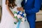 Bride in a white dress and groom in a blue tuxedo are standing next to the window and holding a wedding bouquet.