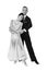 Bride in white dress and groom in tuxedo. Sensual woman and man dance. Couple of ballroom dancers in love. Valentines day celebrat