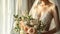 a bride in a white wedding dress, captured in a close-up image, with a delicate bouquet of flowers, standing by the