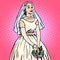 Bride in white wedding dress pop art retro style