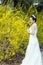 A bride with white wedding dress stand by Golden jasmine flowers