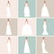 Brides in different styles of wedding dresses.