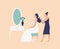 Bridesmaid, hairdresser or stylist combing bride`s hair and making hairstyle. Wedding day morning bridal routine and