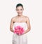 Bridesmaid wedding dress girl with flower bouquet. Asian woman beauty in studio. Maid of honor or bride getting married