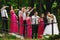 Bridesmaids and groomsmen stare at a kissing wedding couple