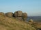 The bridestones a large group of gritstone rock formations in west yorkshire landscape near todmorden against pennine countryside