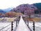 The bridge across Shogawa river at historic Japanese Shirakawa-go village in autumn, Japan