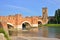 Bridge with archs Castelvecchio over river Adige in Verona Italy