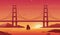 Bridge and boat at sunset flat vector illustration. Beautiful San Francisco landscape, pleasure boat with Golden Gate