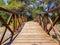 Bridge built with logs in the interpretation center of the Albufera de Valencia and the lagoon that can be visited next to the