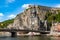 Bridge and Collegiate Church of Notre-Dame landmarks of Dinant, Waloon region, Belgium. June 15 - 2017