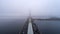 Bridge in the fog. Aerial view of South subway cable bridge. Kiev, Ukraine.