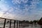 Bridge with fountain in the Aspire park during dramatic sunset in Doha, Qatar