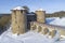 Bridge and Gate towers of the ancient Koporye fortress (aerial view). Leningrad region
