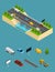 Bridge Highway over River and Elements Part Isometric View. Vector