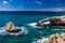 Bridge of lovers or Monk seal arch, stone cliffs in the Mediterranean sea in Ayia Napa, Cyprus. Horizontal frame