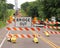 Bridge out sign on a road barricade