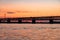 Bridge over the Amur river at sunset. Russia. Khabarovsk. Photo from the middle of the river