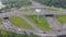 Bridge over busy highway junction, heavy traffic, aerial shot