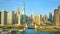 Bridge over Chicago canal leading into Lake Michigan aerial city skyscrapers at dawn, Illinois