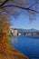 Bridge over isar river to bad tolz old town in autumn