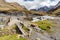 Bridge over mountain river stream Cordillera Vilcanota, Peru.